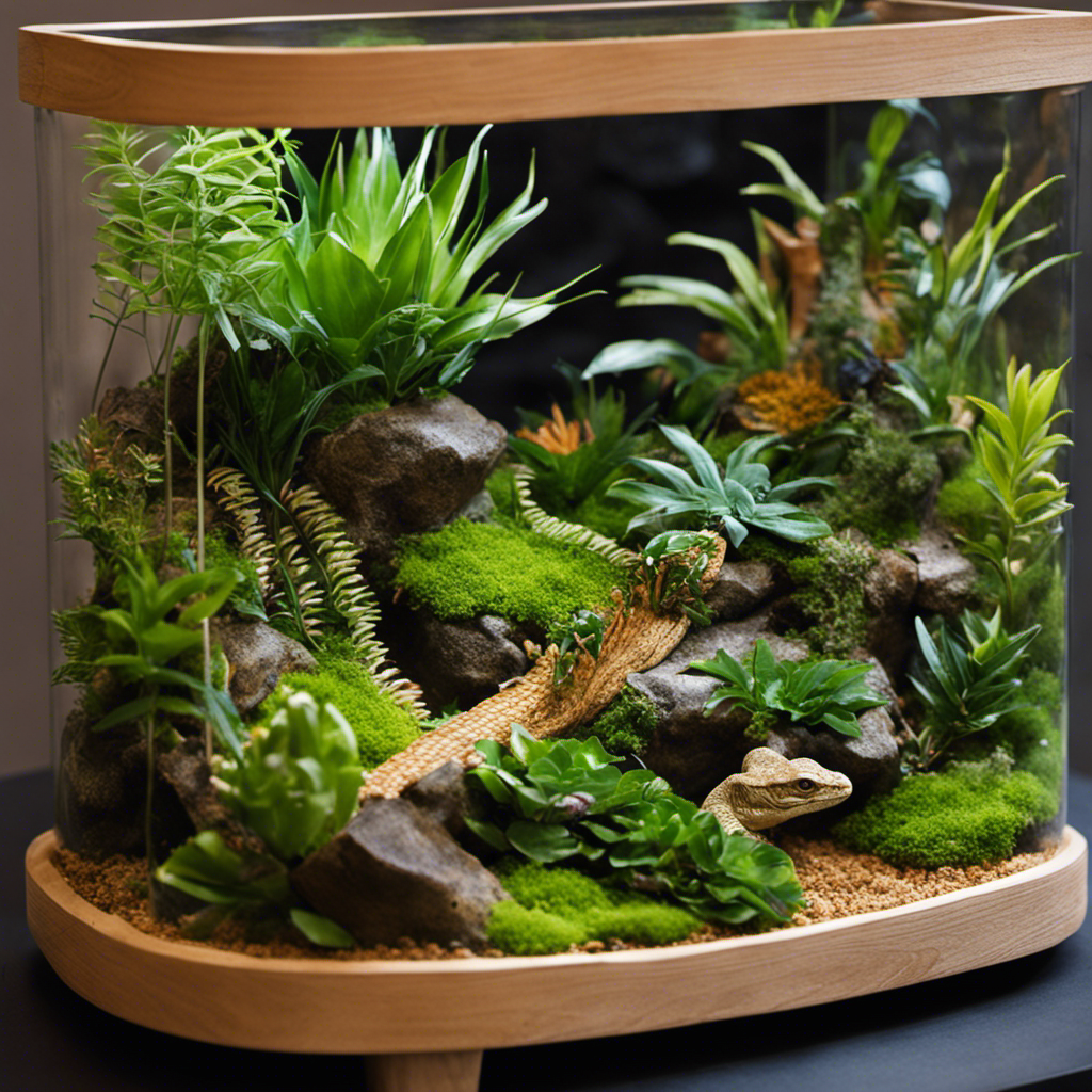 An image showcasing a lush reptile terrarium adorned with an array of accessories and decor, including climbing branches, rock caves, vibrant plants, a soothing waterfall, and a cozy basking spot