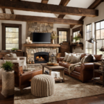 An image showcasing a cozy living room with a rustic farmhouse vibe, featuring exposed wooden beams, distressed furniture, plaid patterns, and warm earthy tones