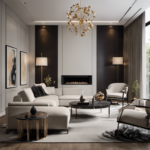 An image showcasing a modern living room adorned with sleek, minimalist furniture, neutral color scheme, and clean lines