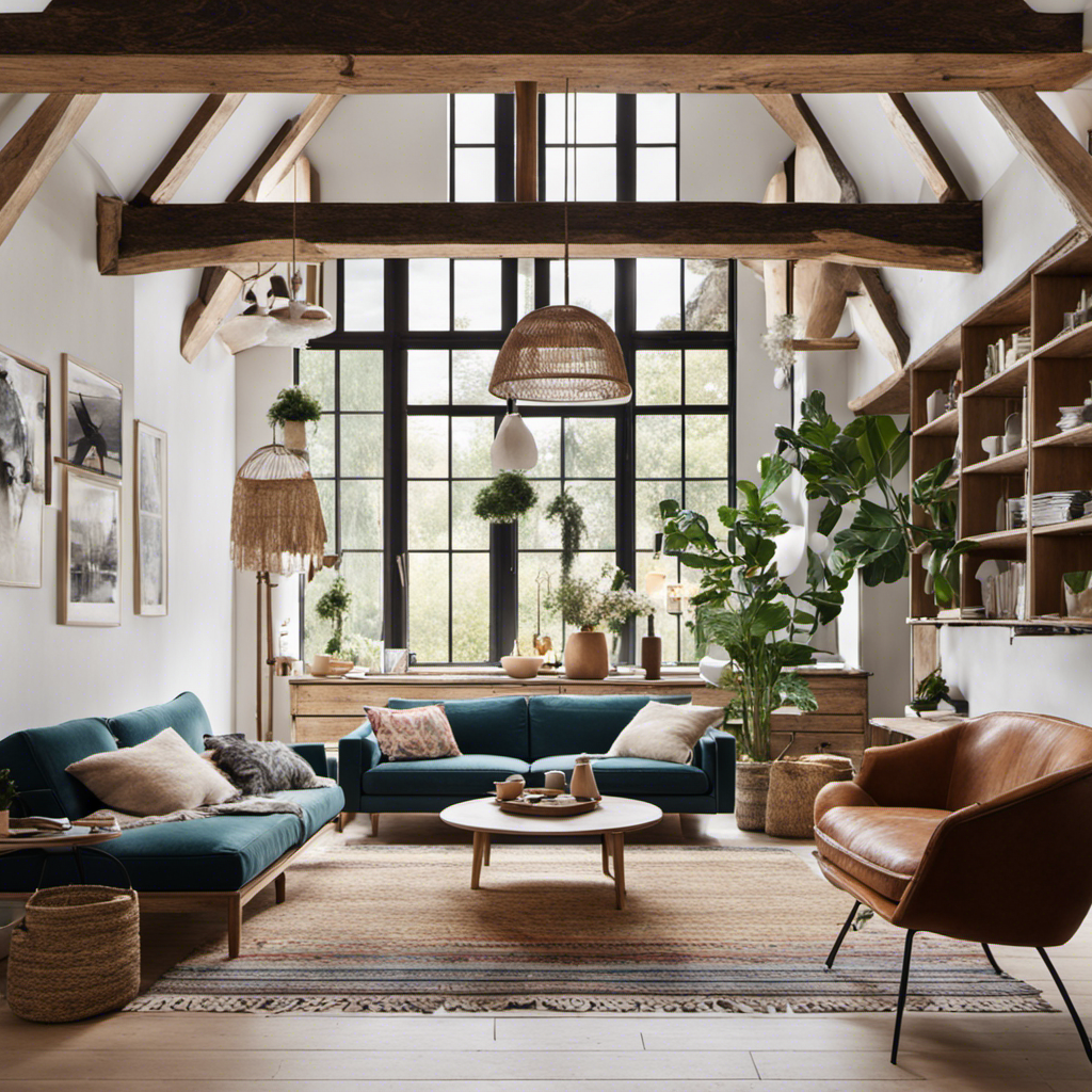An image showcasing a collage of various decor styles, featuring a minimalist Scandinavian living room with clean lines, a rustic farmhouse kitchen with exposed beams, and a vibrant bohemian bedroom with hanging tapestries and colorful patterns