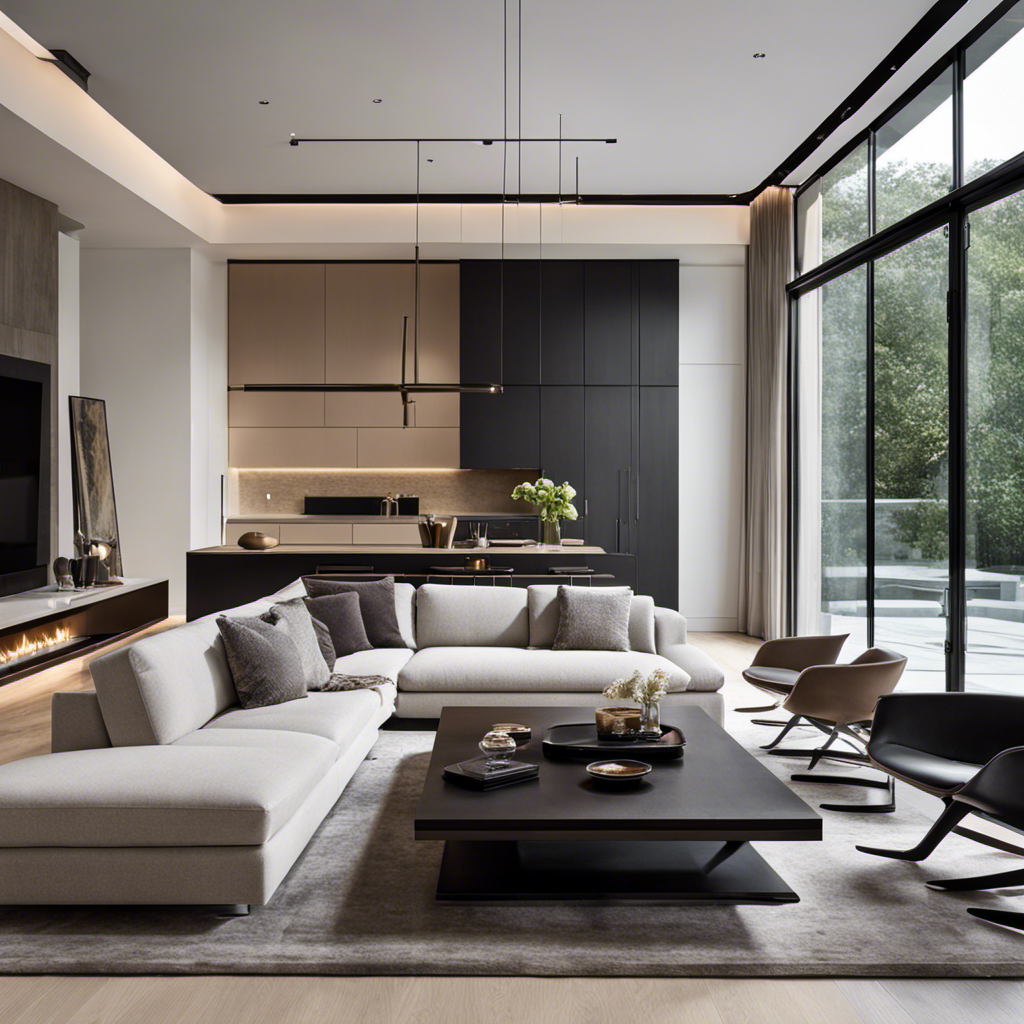 An image showcasing a modern living room with clean lines, minimalist furniture, and neutral colors