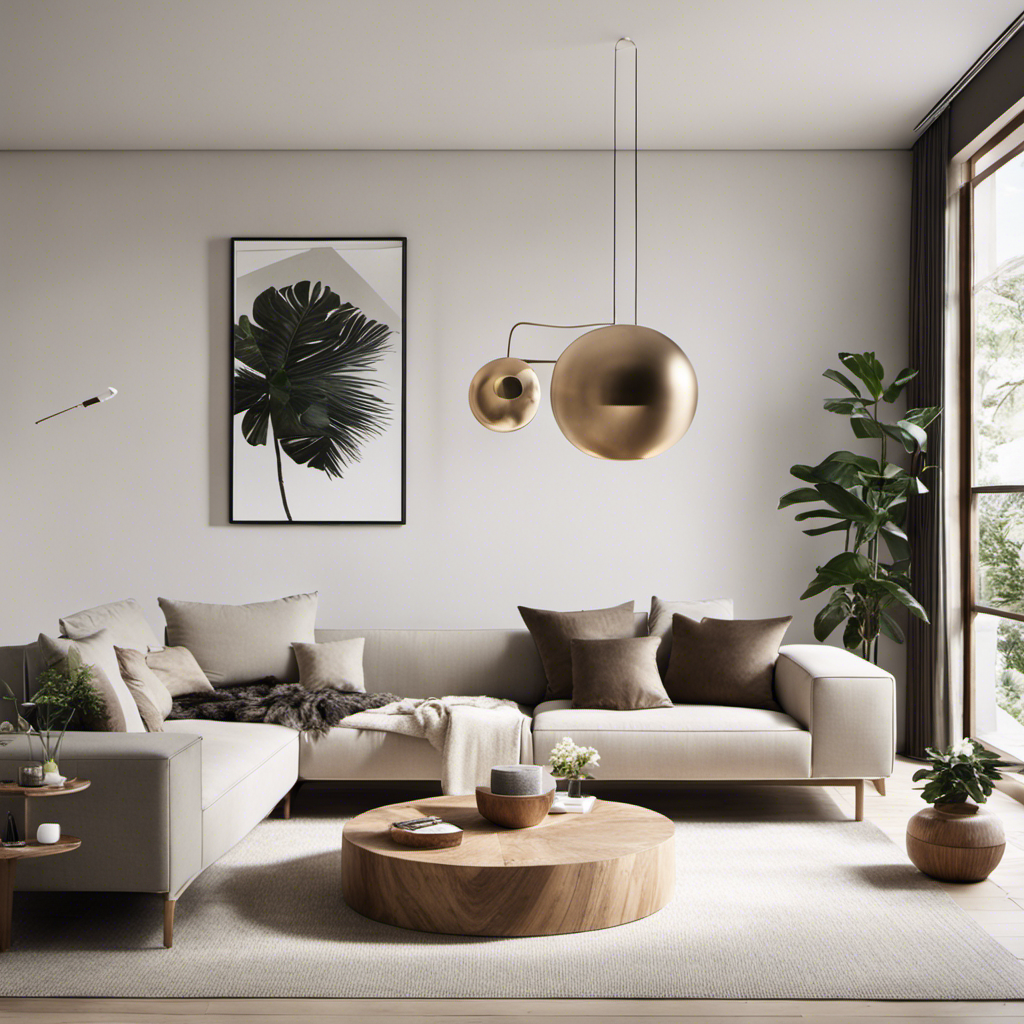An image showcasing a minimalist living room with clean lines, neutral color palette, and a statement piece like a geometric pendant light