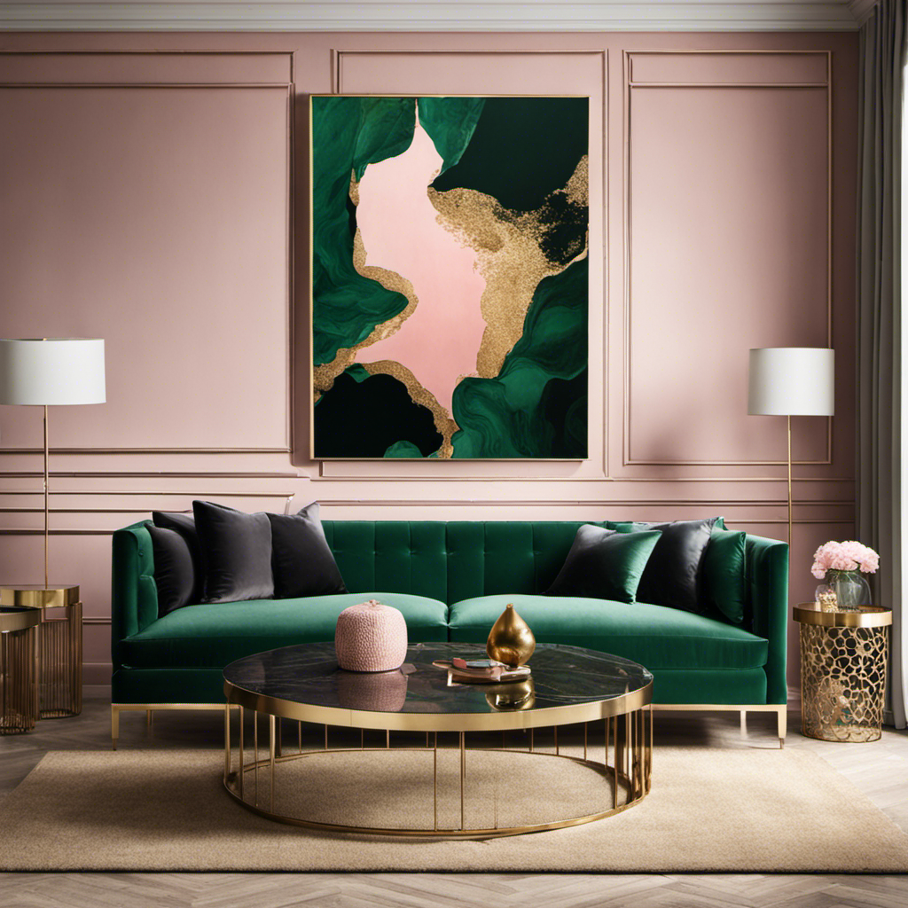 An image showcasing a modern living room with a rich emerald green velvet sofa, complemented by blush pink walls, golden accents, and a bold, abstract artwork, capturing the essence of the latest color trends in home decor