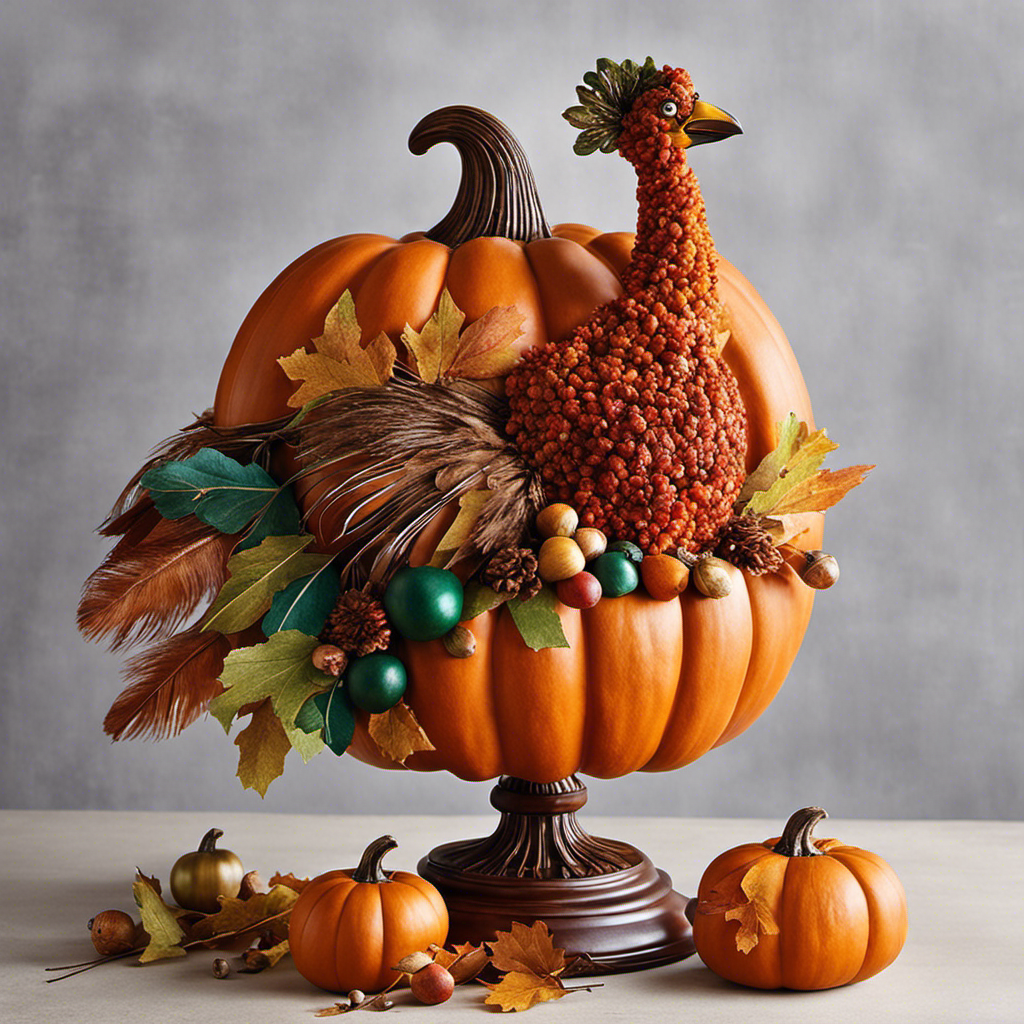 An image showcasing a festive pumpkin transformed into a magnificent turkey for Thanksgiving decor