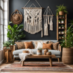 An image showcasing a cozy living room with handmade macrame wall hangings, botanical prints, and a vintage rug