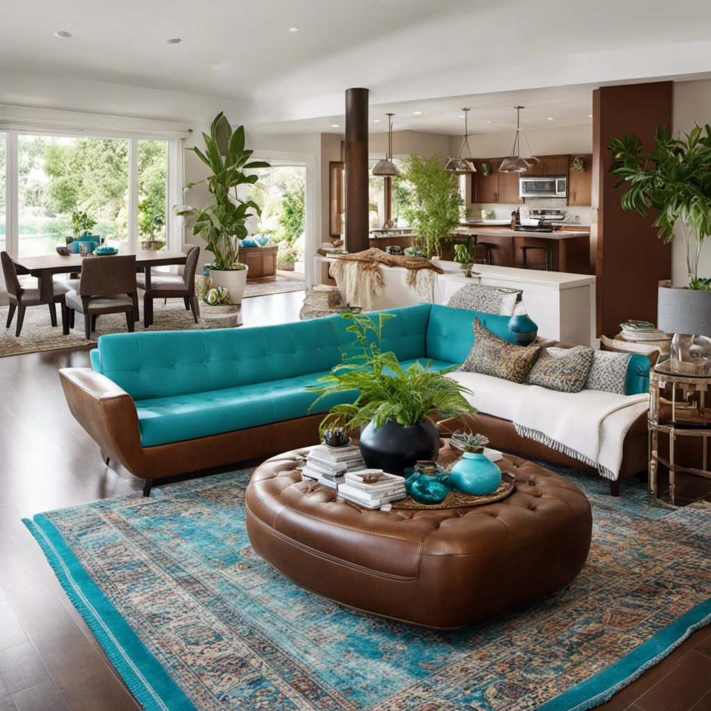 An image showcasing a cozy living room with brown leather sofas, adorned with vibrant turquoise throw pillows and a matching rug