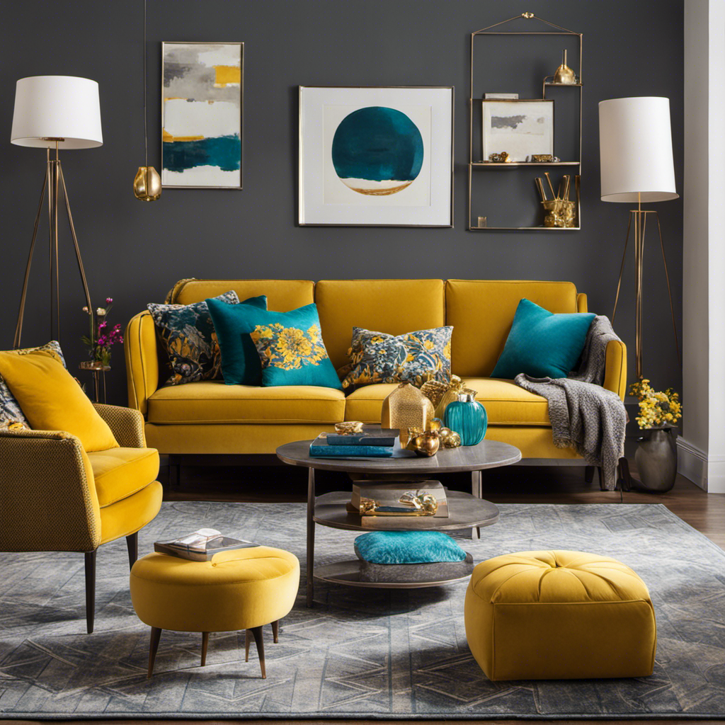 An image showcasing a contemporary living room with sleek grey walls, adorned with vibrant pops of mustard yellow and teal accents