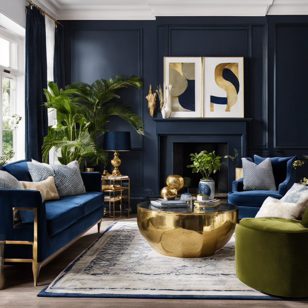 An image showcasing a cozy living room adorned with luxurious navy blue home decor