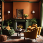 An image showcasing a cozy living room with a warm color palette: rich terracotta walls, plush mustard yellow armchairs, and earthy green accents