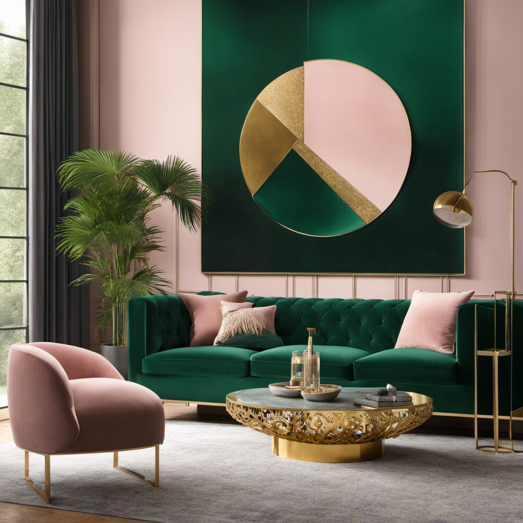 An image showcasing a modern living room with a vibrant emerald green velvet sofa, surrounded by muted blush pink walls, gold accents, and a statement abstract artwork, reflecting the trending colors in contemporary home decor
