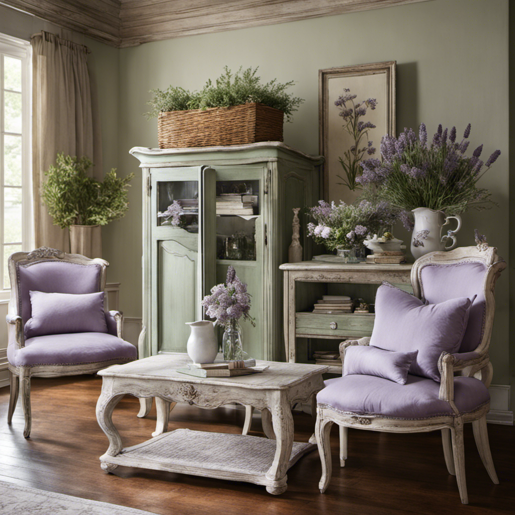 An image showcasing a rustic French country living room: a distressed white wooden cabinet adorned with delicate lavender sprigs, paired with a plush floral armchair in muted tones of sage green and soft lilacs