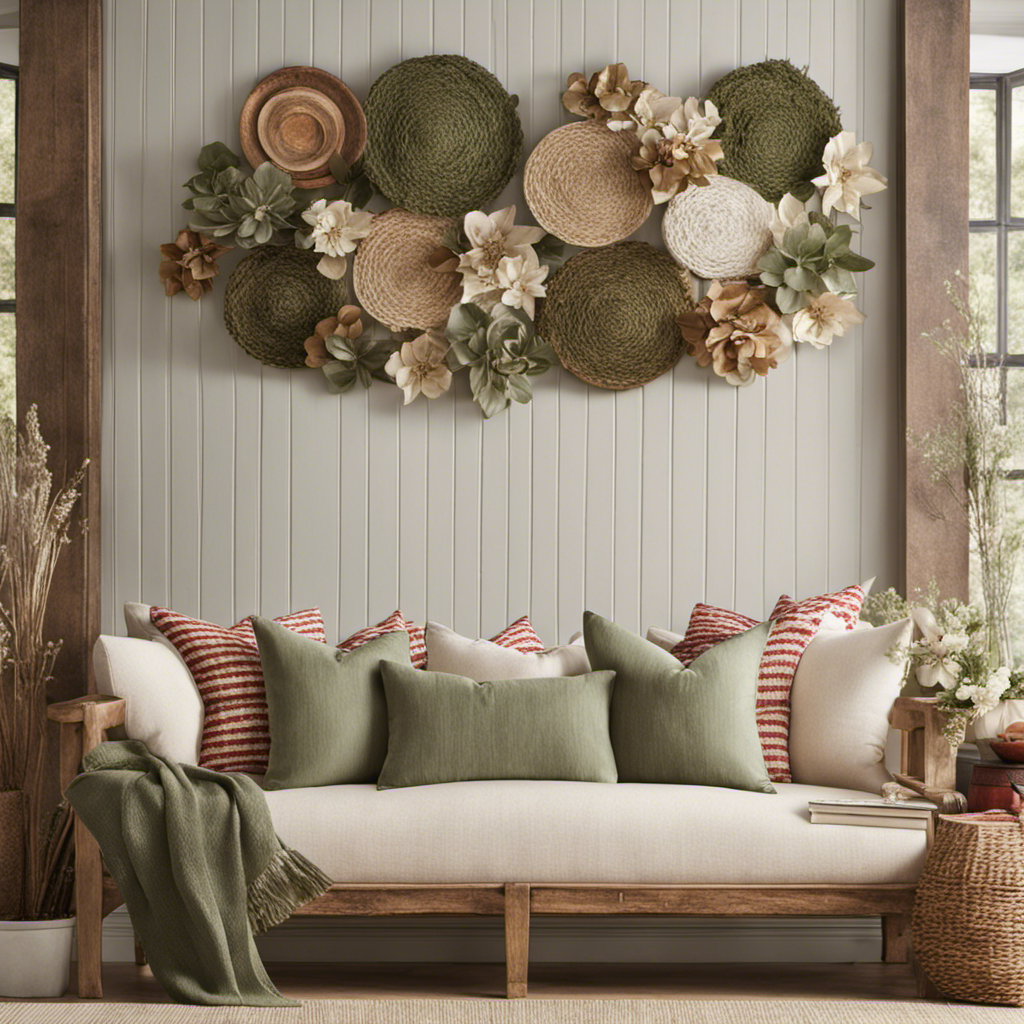 An image that showcases the rustic charm of farmhouse decor, featuring a serene palette of muted earth tones like warm beige, creamy white, and soft sage green, complemented by subtle pops of rustic red and natural wood textures
