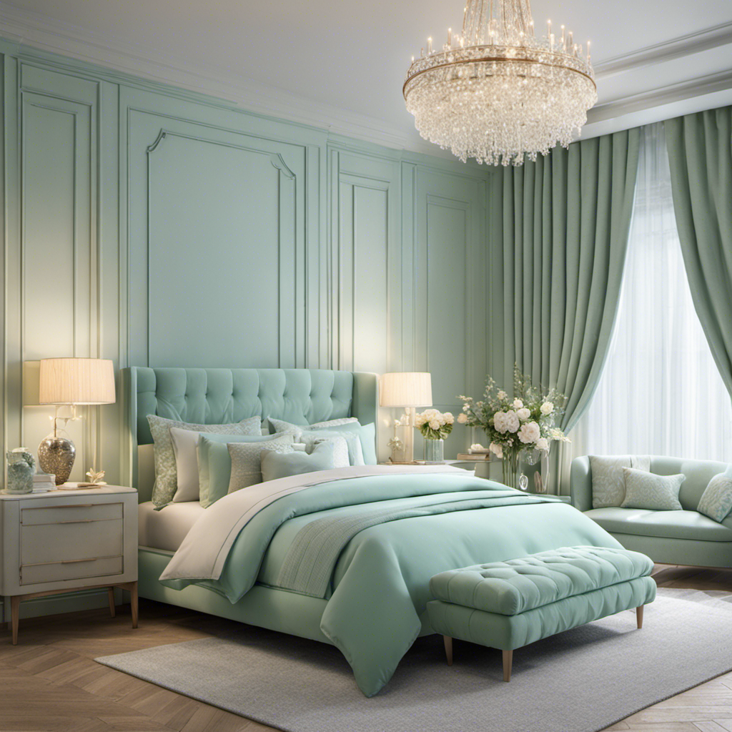 An image showcasing a serene bedroom with soft, pastel shades of mint green and baby blue