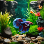 An image showcasing a vibrant betta fish swimming gracefully amidst lush green aquatic plants, surrounded by colorful rocks and a small decorative cave, capturing their natural habitat and preferred decor