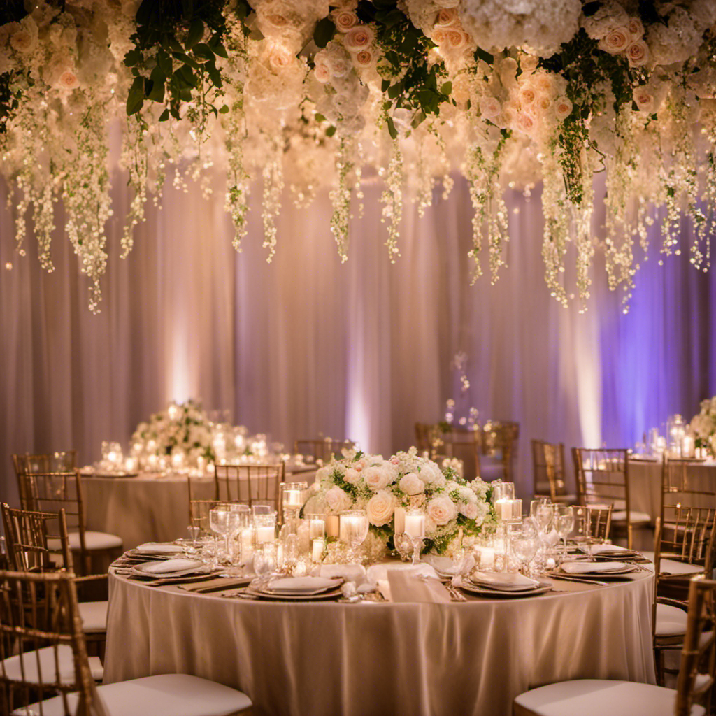 An image showcasing an elegantly adorned wedding reception with cascading floral centerpieces, delicate fairy lights draping from the ceiling, and a backdrop of ethereal white curtains, evoking a romantic atmosphere for a dreamy and enchanting celebration