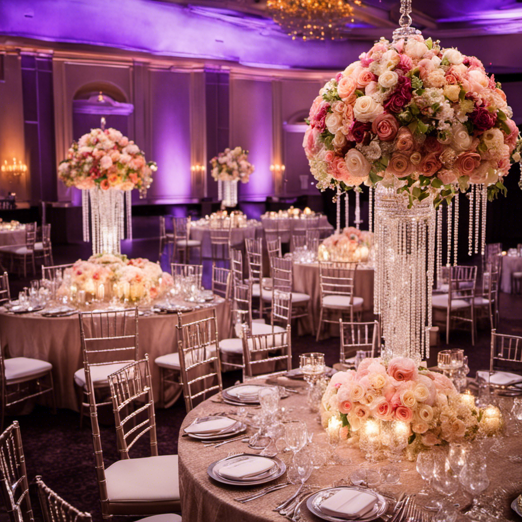 An image that showcases a beautifully adorned wedding reception venue: a grand chandelier illuminating tables adorned with elegant floral centerpieces, complemented by delicate lace table runners and sparkling crystal glassware