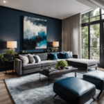 An image showcasing a cozy living room with grey walls adorned with a large abstract painting in cool blue tones, complemented by a plush grey sectional sofa, a textured cream rug, and sleek black accent furniture