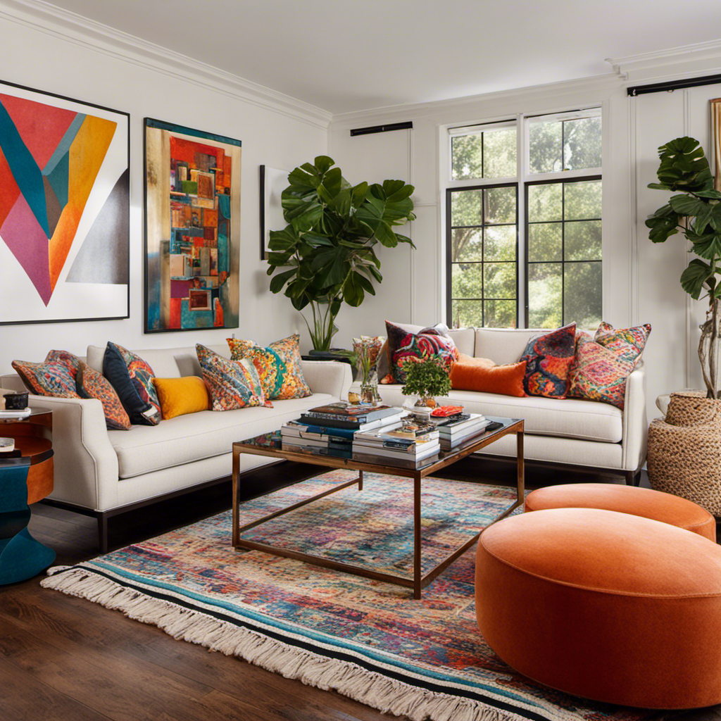 An image that showcases an inviting living room with off-white walls adorned with a vibrant gallery wall of eclectic artwork, plush neutral-toned sofas complemented by vibrant patterned throw pillows, a sleek modern coffee table, and a cozy shag rug