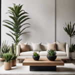 An image showcasing a minimalist living room with a neutral color palette, featuring a sleek wooden coffee table adorned with a variety of vibrant succulent plants in modern ceramic pots