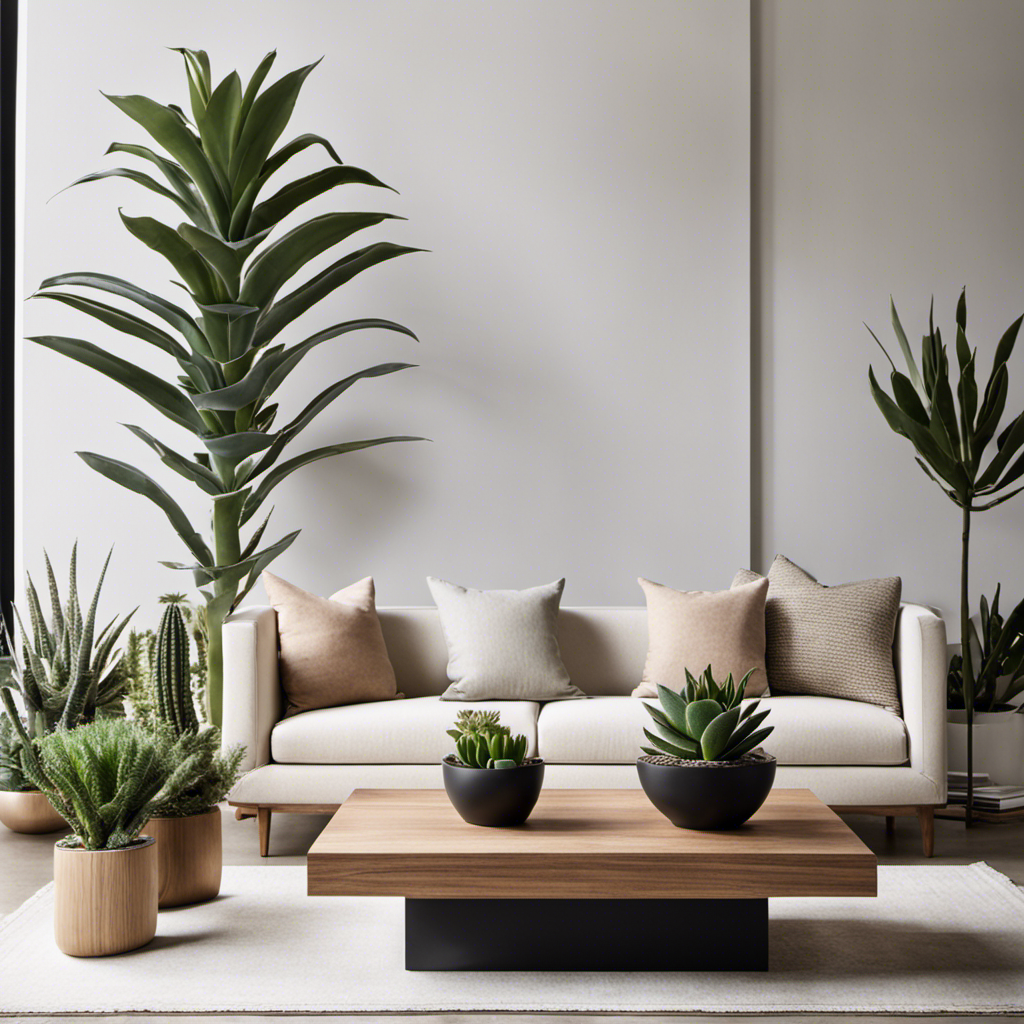 An image showcasing a minimalist living room with a neutral color palette, featuring a sleek wooden coffee table adorned with a variety of vibrant succulent plants in modern ceramic pots