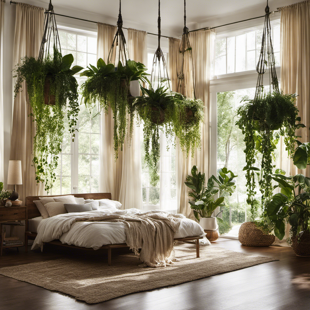 An image capturing a living space adorned with lush greenery, showcasing a variety of cascading plants, hanging from macramé plant hangers