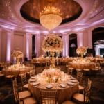 An image showcasing an elegant wedding reception adorned with cascading fairy lights, delicate blush and ivory floral centerpieces, golden candelabras, and a shimmering chandelier overhead, radiating warmth and romance