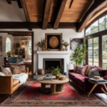 An image that showcases a cozy living room with rustic wooden beams, a plush velvet sofa, a vintage Persian rug, and a gallery wall filled with eclectic art pieces to capture the essence of your unique decor style