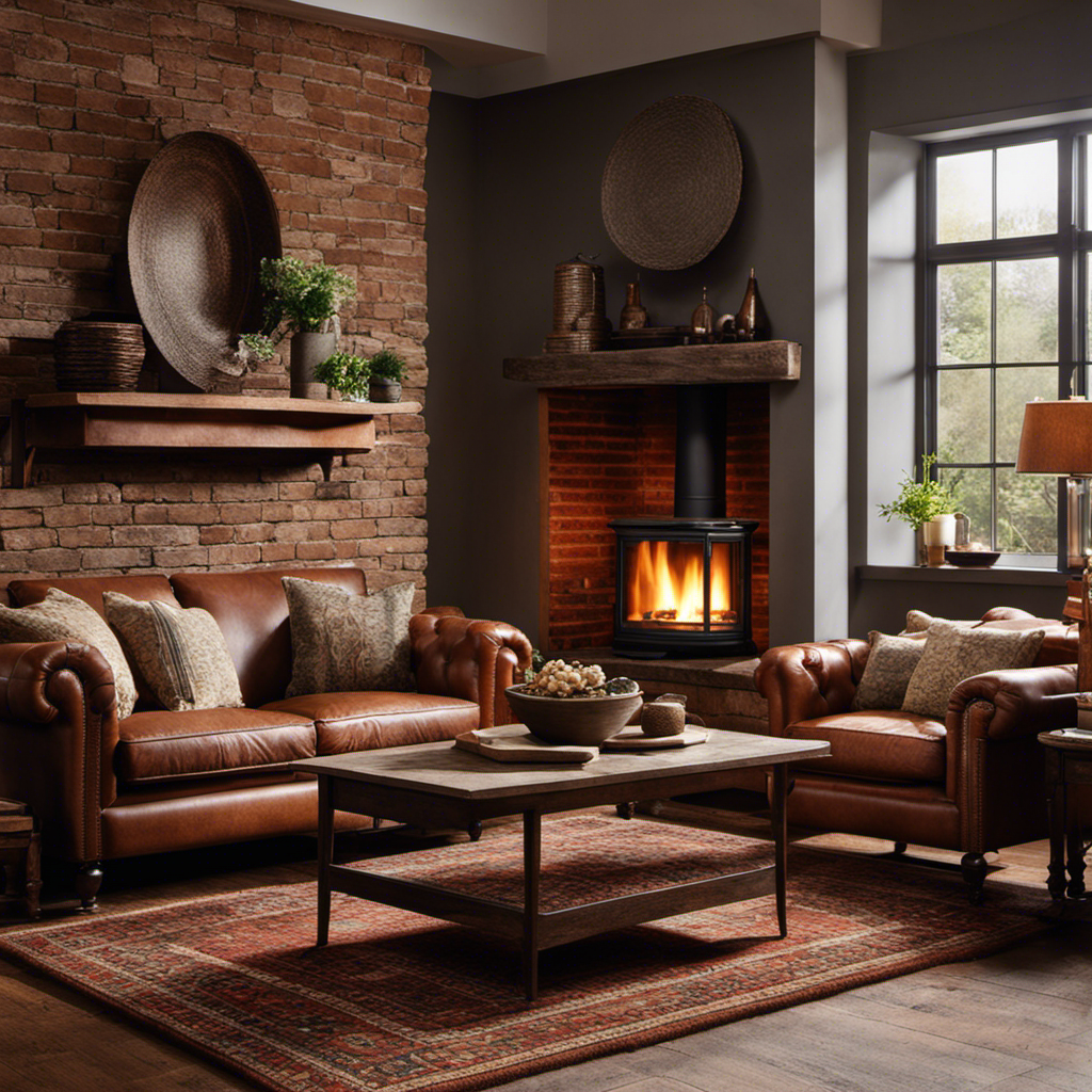 An image showcasing a cozy living room with a rustic brick fireplace, adorned with vintage wooden furniture, plush earth-tone cushions, and a woven area rug, inviting readers to explore their preferred decor style