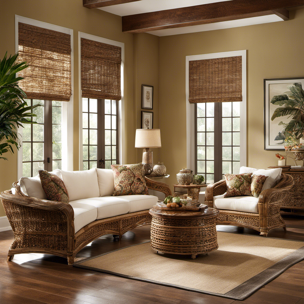 An image showcasing a cozy living room adorned with matchstick blinds, where natural light seeps through the elegantly woven fibers, casting delicate shadows on earthy-toned furniture, botanical prints, and rattan accents