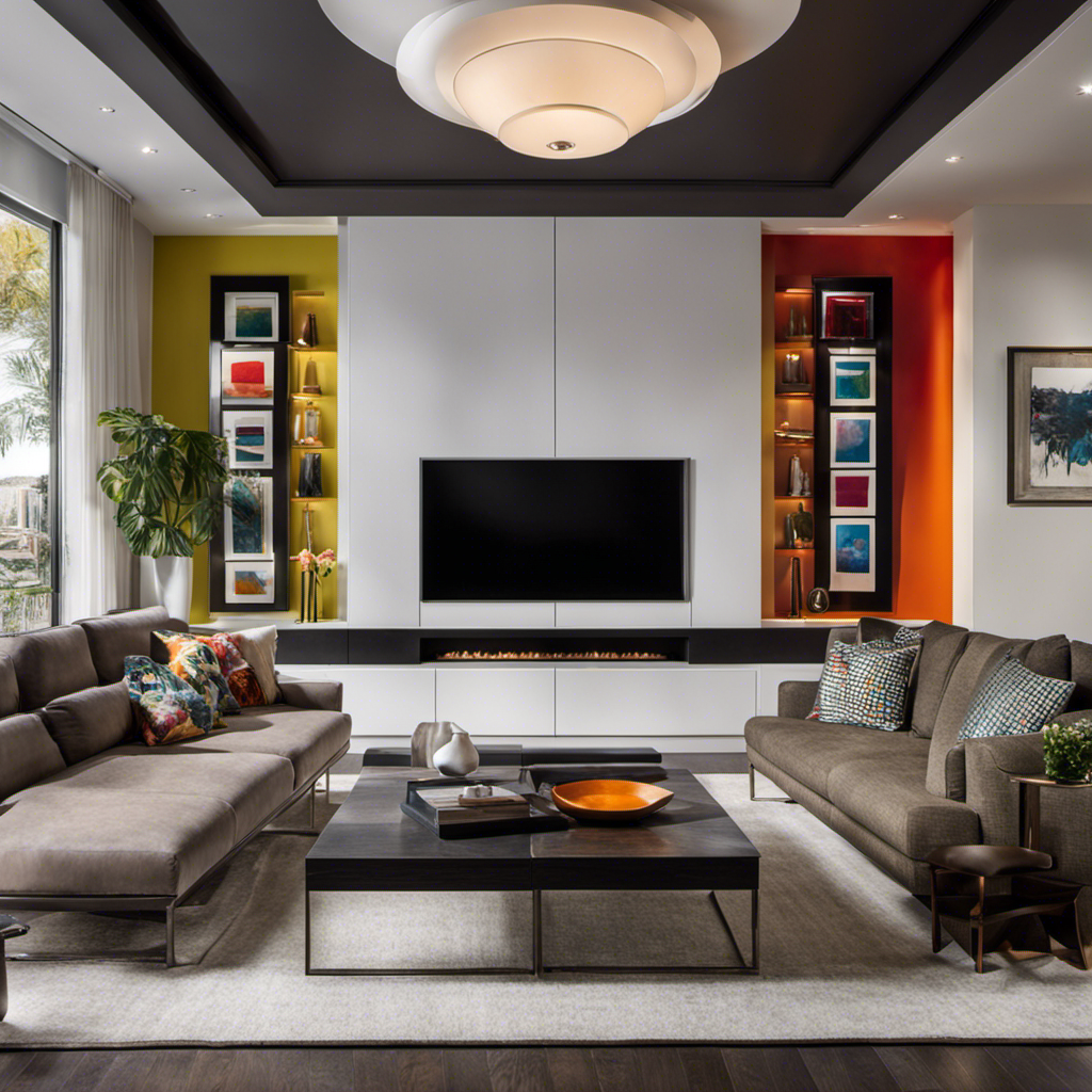 An image showcasing a sleek, modern living room with a large flat-screen TV mounted on the wall