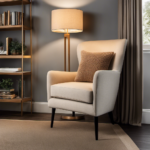 An image showcasing an elegant armchair with a cozy knit throw draped over its arm, accompanied by a sleek floor lamp casting a warm glow on a stack of books nestled in a corner