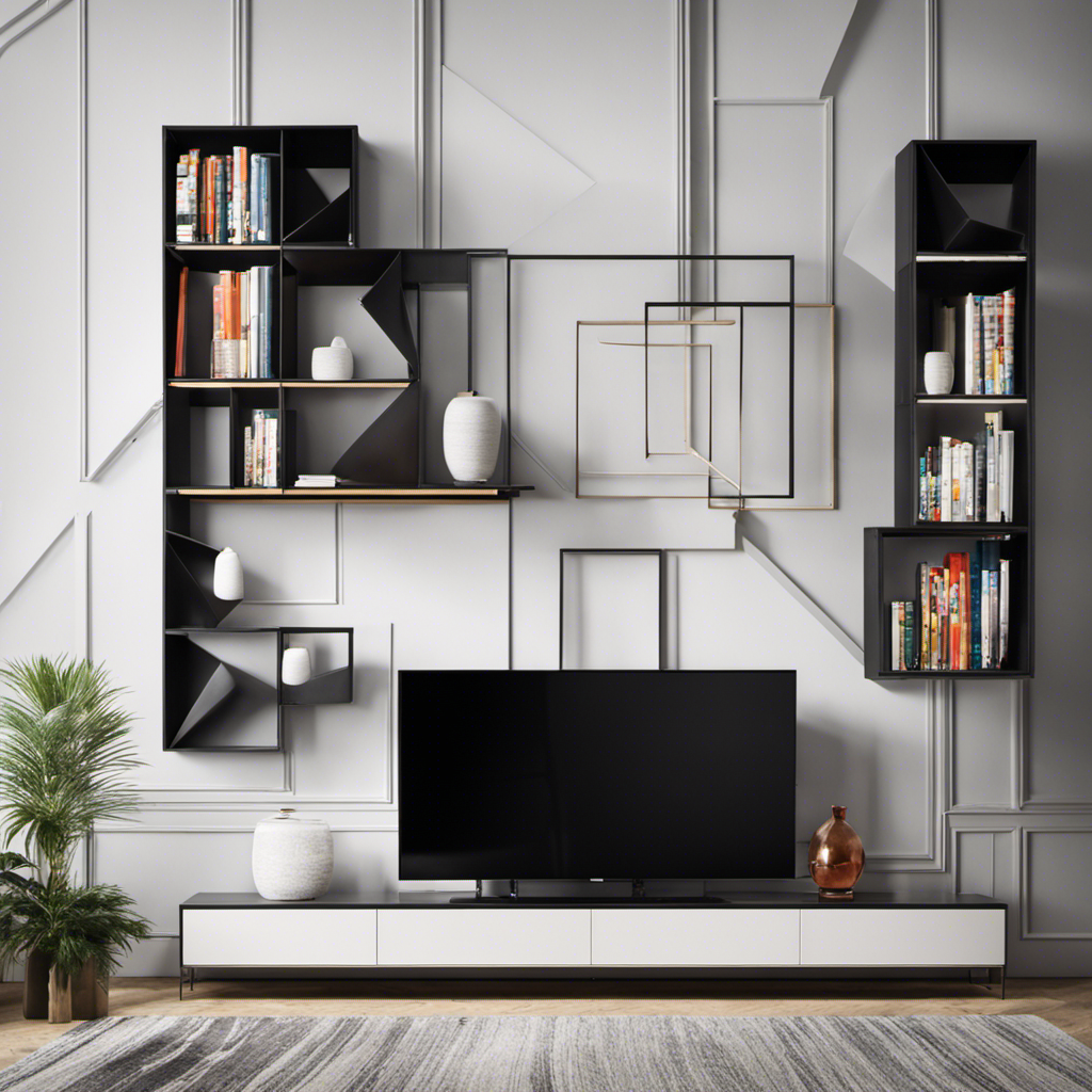 An image showcasing a sleek TV stand adorned with a mix of minimalist decorative elements: a trio of geometric ceramic vases, a stack of books with vibrant spines, and a statement piece of abstract art hanging on the wall above
