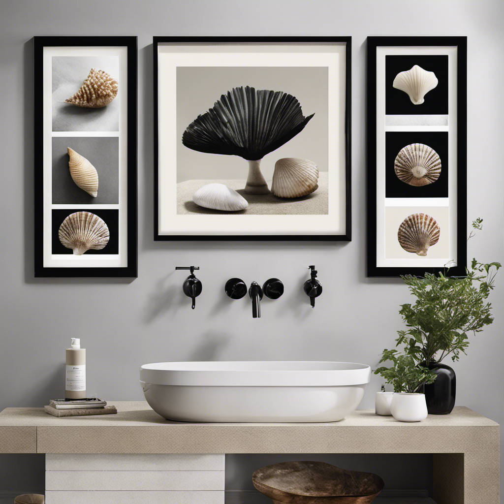 An image showcasing a serene bathroom with walls adorned by a minimalist gallery of botanical prints, framed in sleek black frames, complemented by a small cluster of decorative sea shells