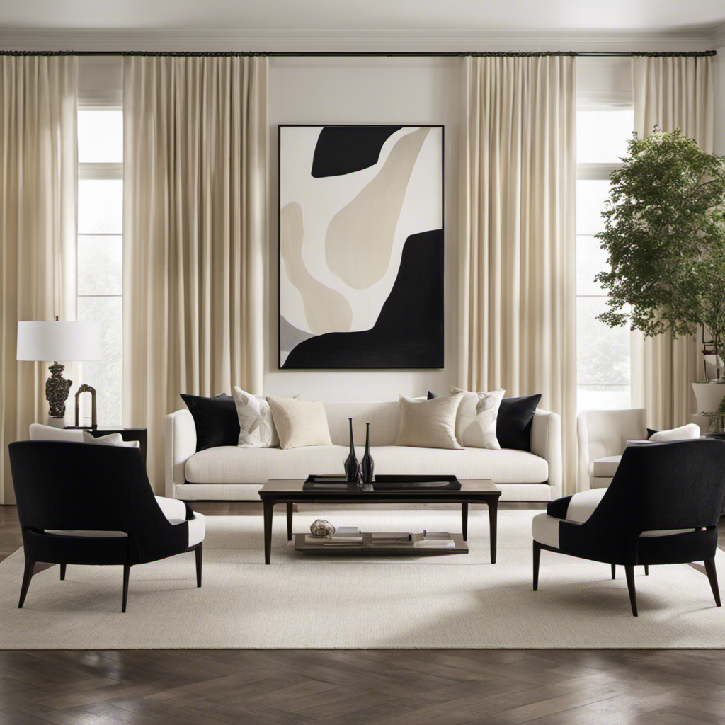 An image showcasing a serene, minimalist living room with a large, sunlit window adorned with sheer white curtains