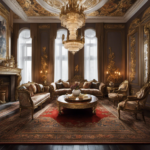 An image showcasing the opulent decor of Russian interiors: an ornate, gilded chandelier illuminates an intricately patterned Persian rug, while a grand fireplace adorned with delicate porcelain figurines adds a touch of elegance