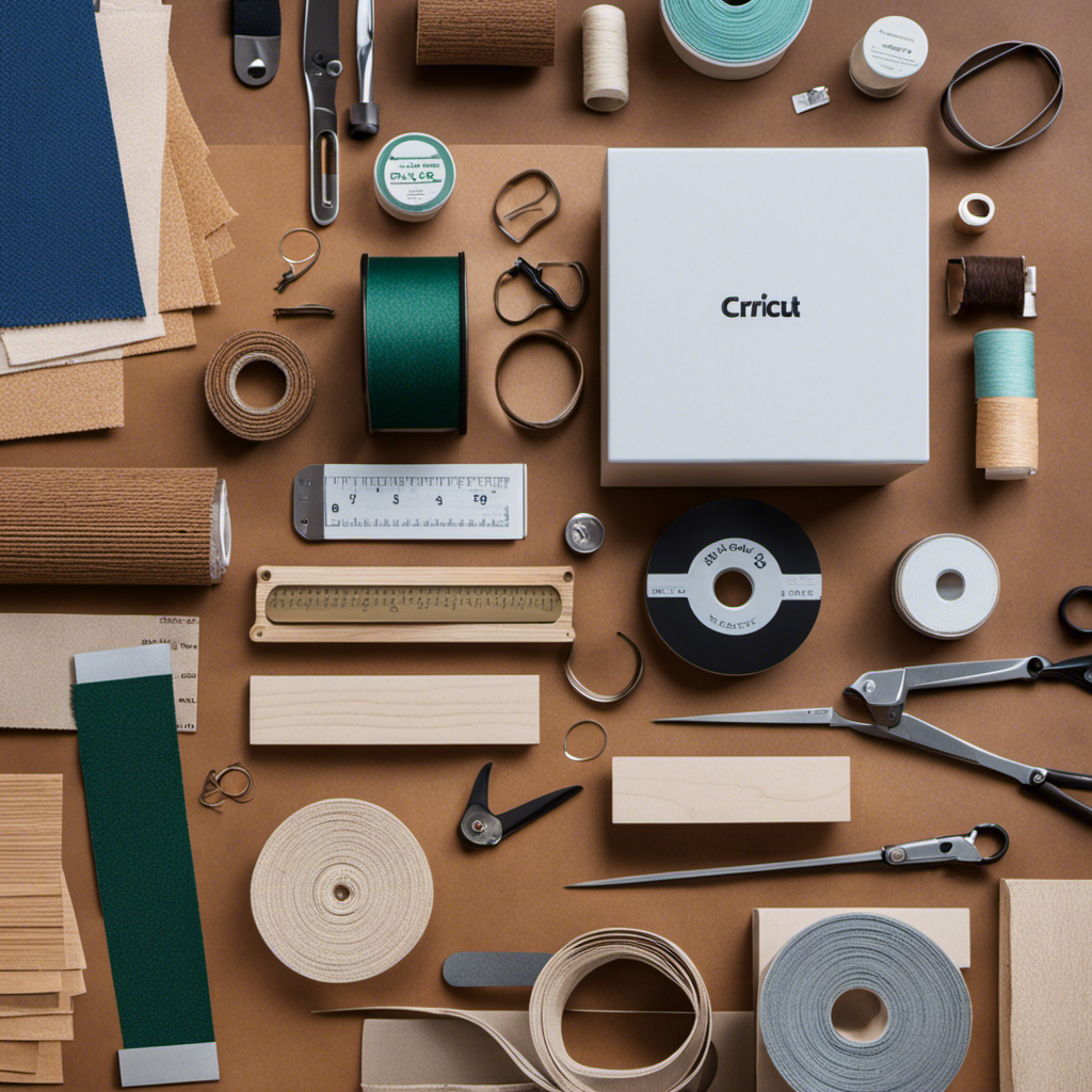 An image showcasing a variety of tools and materials, such as fabric swatches, wood samples, measuring tape, scissors, and a Cricut Maker, symbolizing the essentials needed for furniture design and home decor with a Cricut Maker