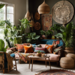An image capturing the essence of boho decor: a cozy living room adorned with vibrant, patterned textiles, macrame wall hangings, and an abundance of lush plants