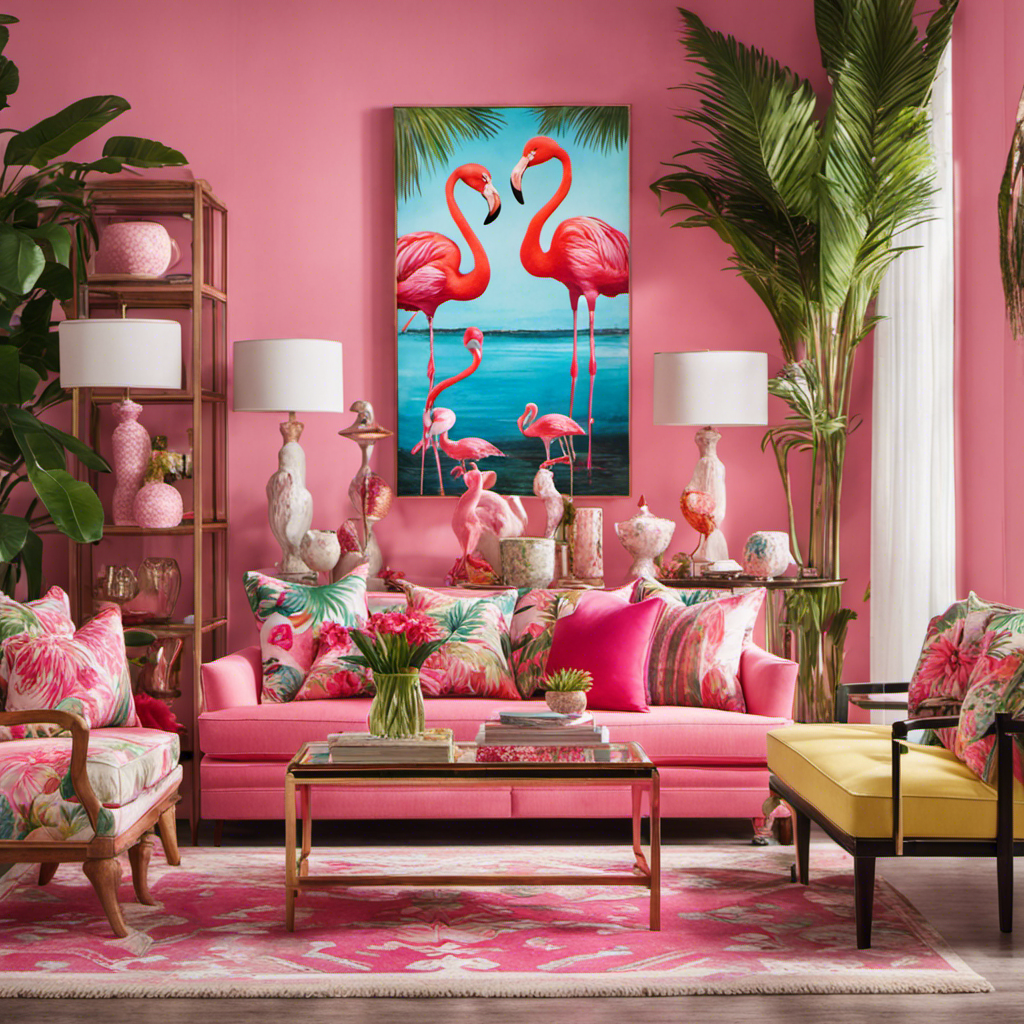 An image showcasing a vibrant living room adorned with flamingo decor