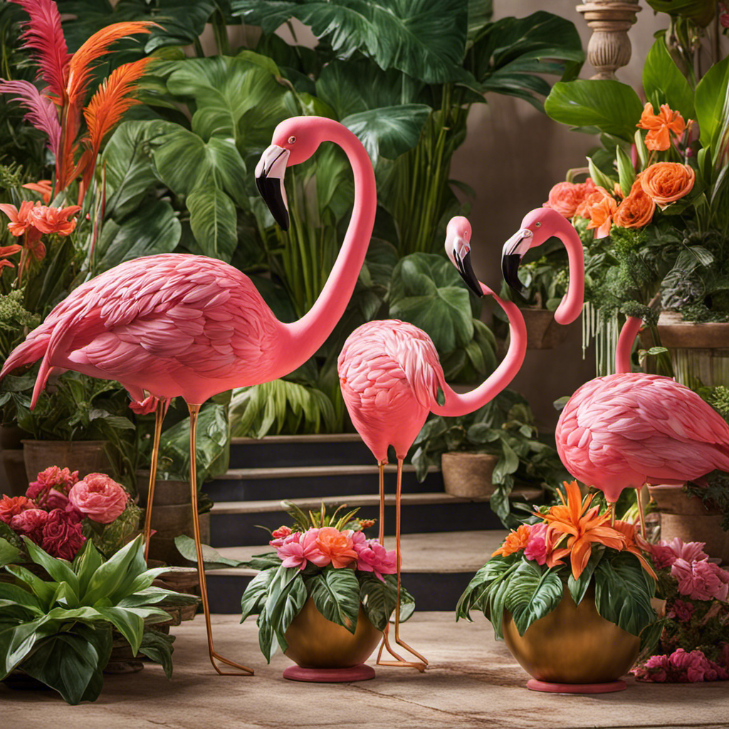 An image featuring a vibrant, whimsical porch adorned with a flock of elegant flamingo sculptures, standing tall amidst lush potted plants and vibrant floral arrangements, evoking a sense of charm and tropical beauty