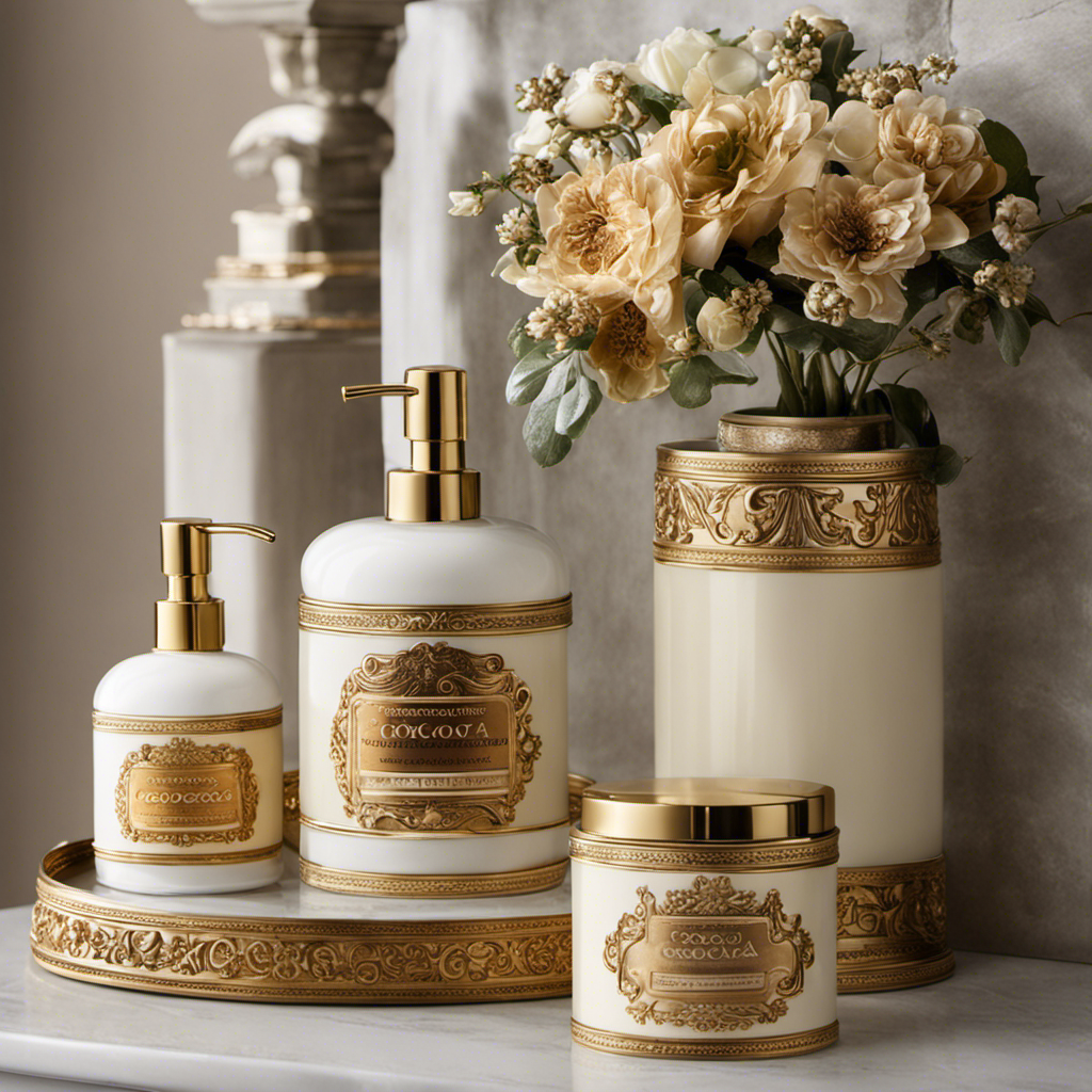 An image showcasing a luxurious bathroom shelf adorned with a beautifully packaged cocoa butter container