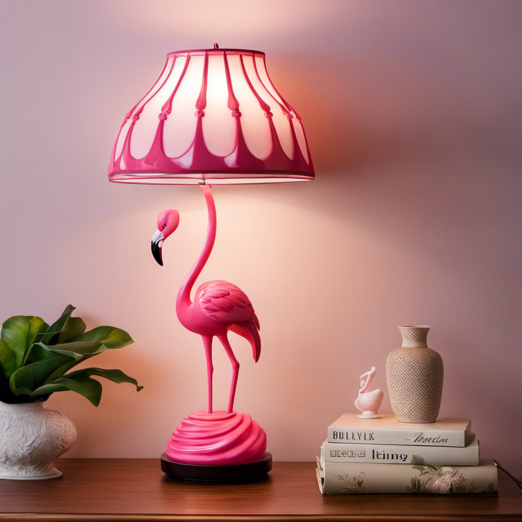 An image showcasing a vibrant living room adorned with flamingo decor: a whimsical flamingo-shaped table lamp casting a soft pink glow, complemented by throw pillows, wall art, and a delicate ceramic figurine