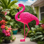 An image featuring a vibrant pink plastic flamingo standing tall on a porch, surrounded by lush green potted plants