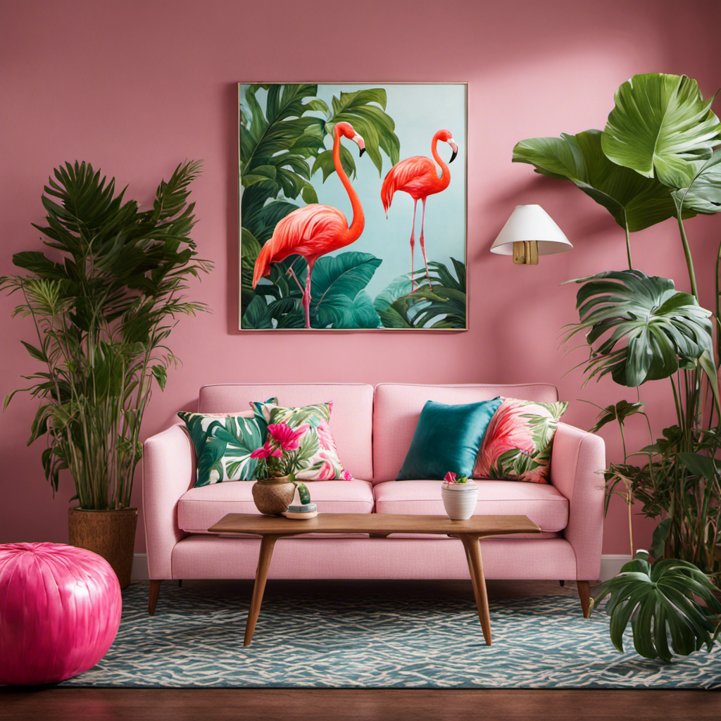 An image featuring a vibrant living room with a large window overlooking a lush tropical garden