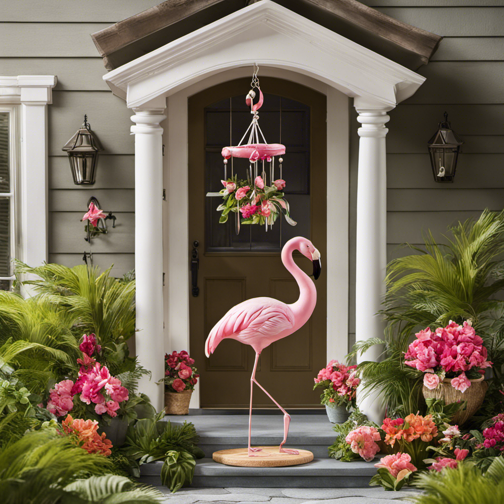 An image showcasing a charming porch adorned with vibrant pink flamingo decor; a whimsical wind chime dangles, while a graceful flamingo statue stands tall amidst lush potted plants, evoking a sense of playfulness and tropical elegance