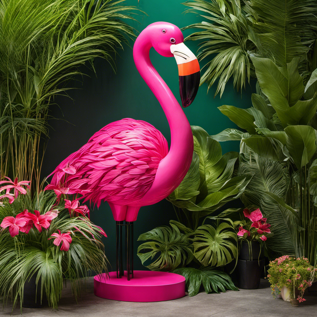 An image showcasing a vibrant, tropical-themed porch adorned with a life-sized, neon-pink flamingo sculpture, elegantly positioned amidst lush green potted plants, adding a whimsical touch to the outdoor space