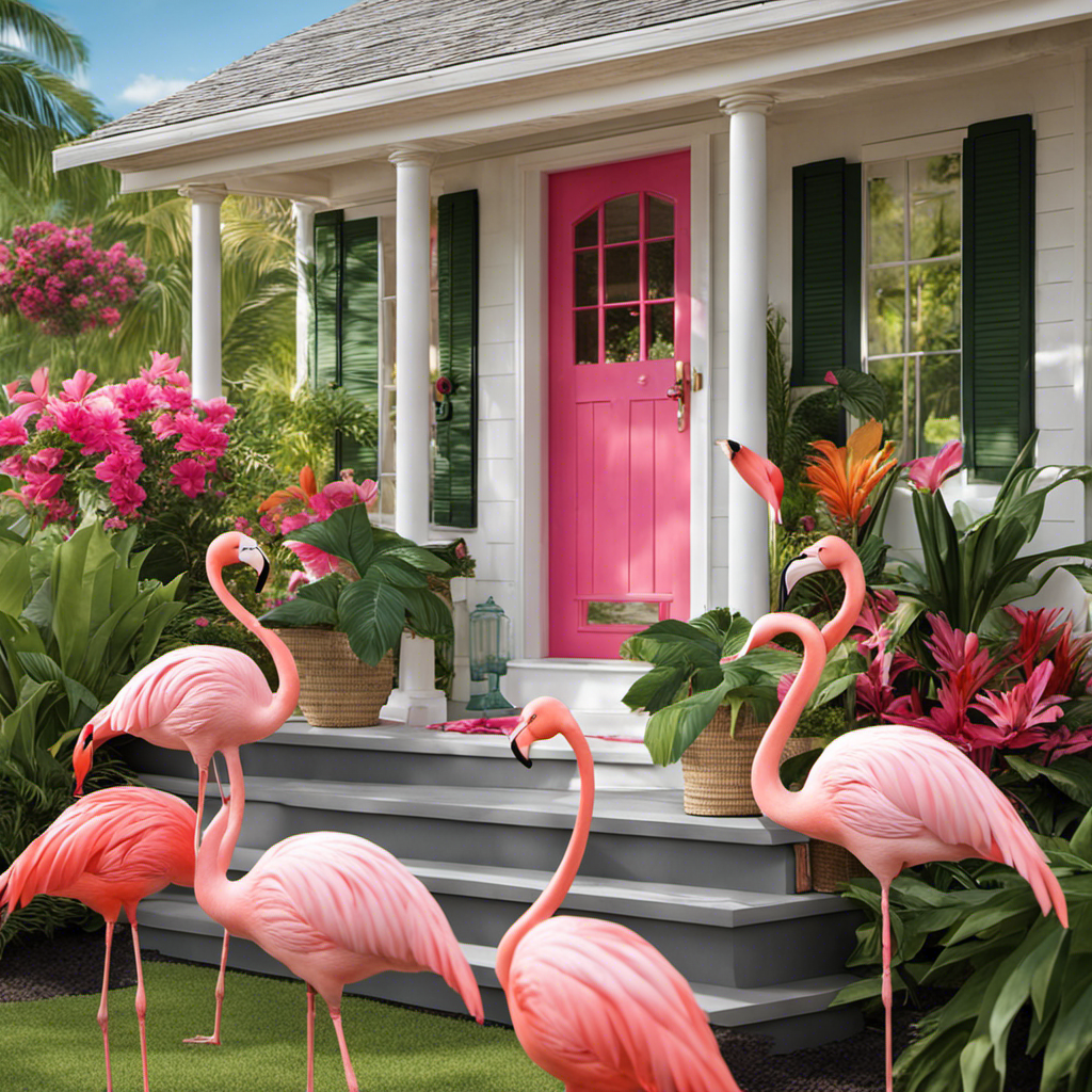 An image capturing the essence of flamingo decor on a porch: A vibrant, tropical paradise with a wooden porch adorned by vibrant pink flamingo statues, surrounded by lush green plants, and accented with a whimsical flamingo doormat
