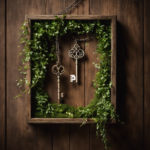 An image showcasing a rustic wooden wall adorned with an intricately designed vintage key, suspended by a delicate chain