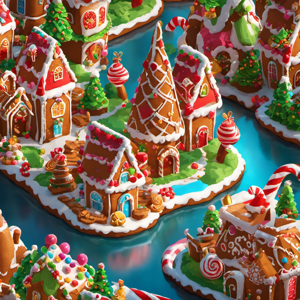 An image showcasing a vibrant kingdom scene filled with towering gingerbread houses adorned with candy cane roofs, sparkling gemstone pathways, and intricately designed cookie gardens, illustrating the elements that yield the highest decor points in Cookie Run Kingdom