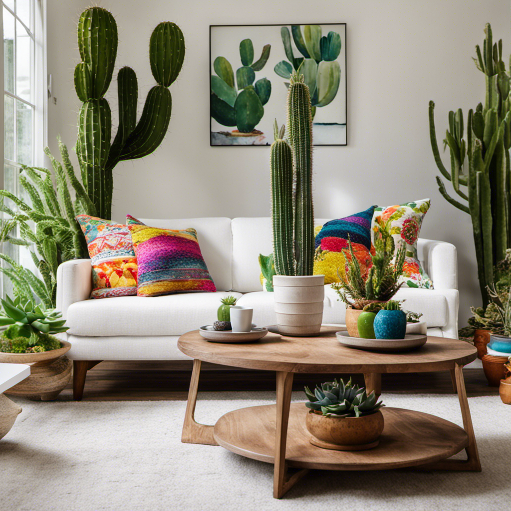 An image showcasing a vibrant living room with a modern white sofa adorned with colorful cactus-patterned cushions