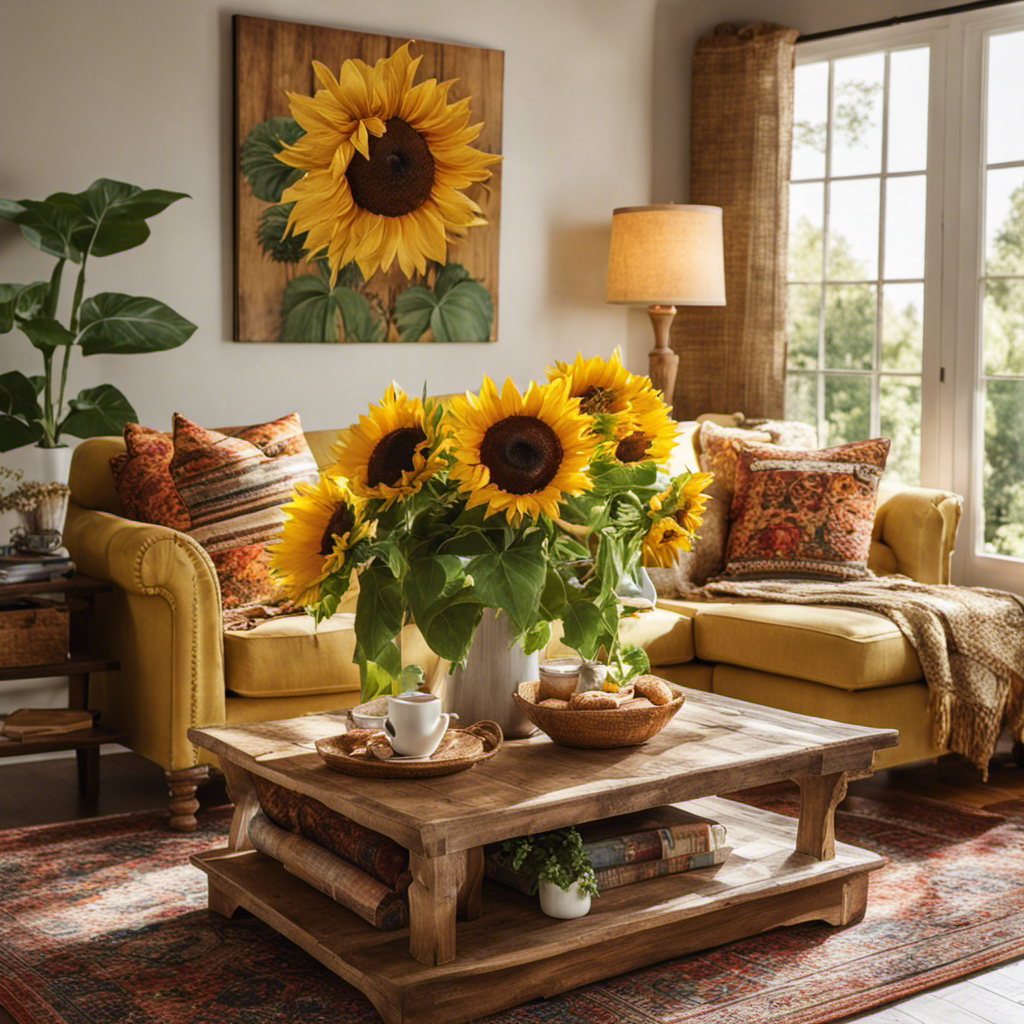 An image showcasing a sunlit living room adorned with vibrant sunflower decor